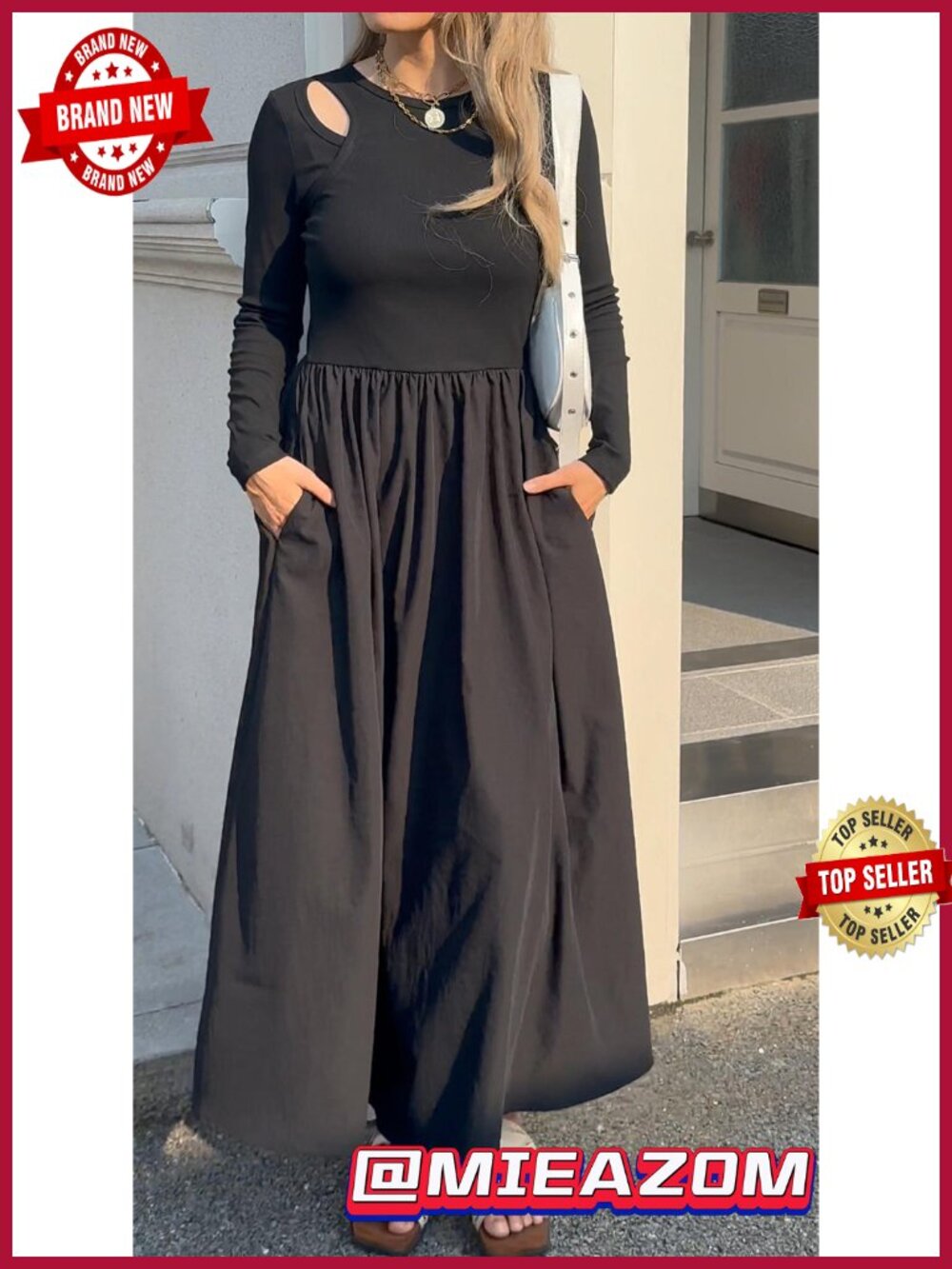 Long Sleeve Maxi Dress with Pockets Cutout Shoulder A-Line Flowy Full Length - Picture 5 of 5